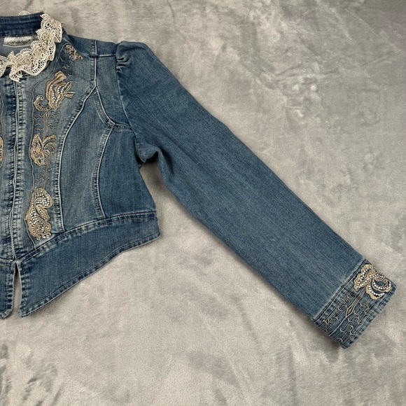 Vintage 90s Y2k Denim Jacket Womens Sz 12 Lace Fairy Whimsygoth Embroidered - Picture 10 of 13
